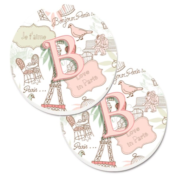 Carolines Treasures Letter B Love in Paris Pink Set of 2 Cup Holder Car Coaster CJ2002-BCARC - main